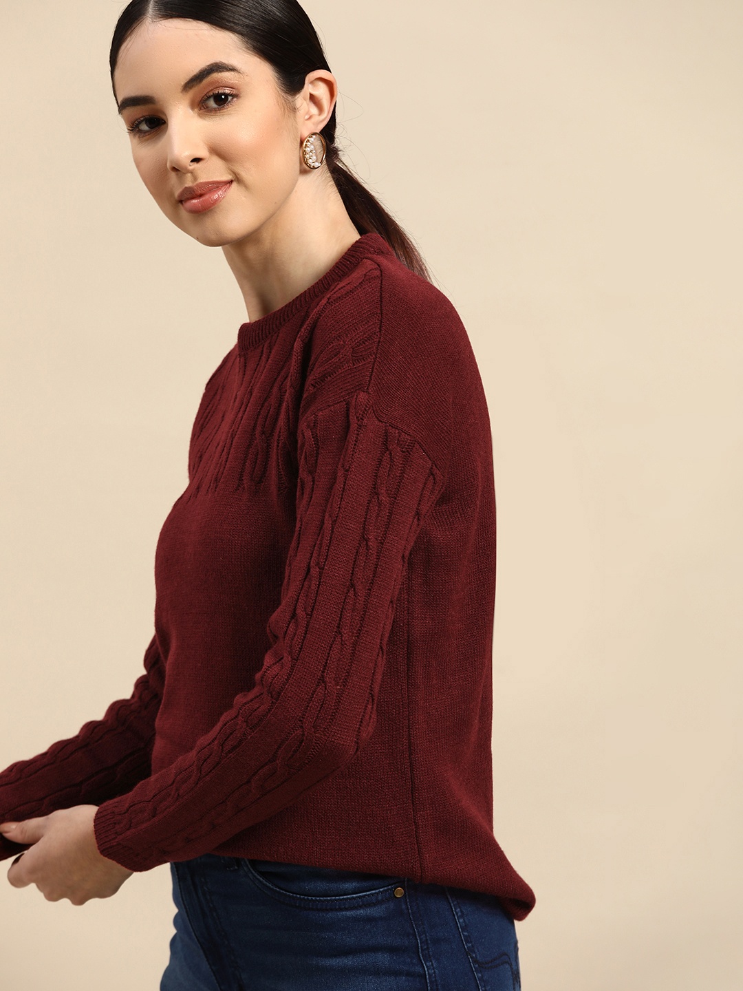 

Anouk Women Maroon Cable Knit Pullover