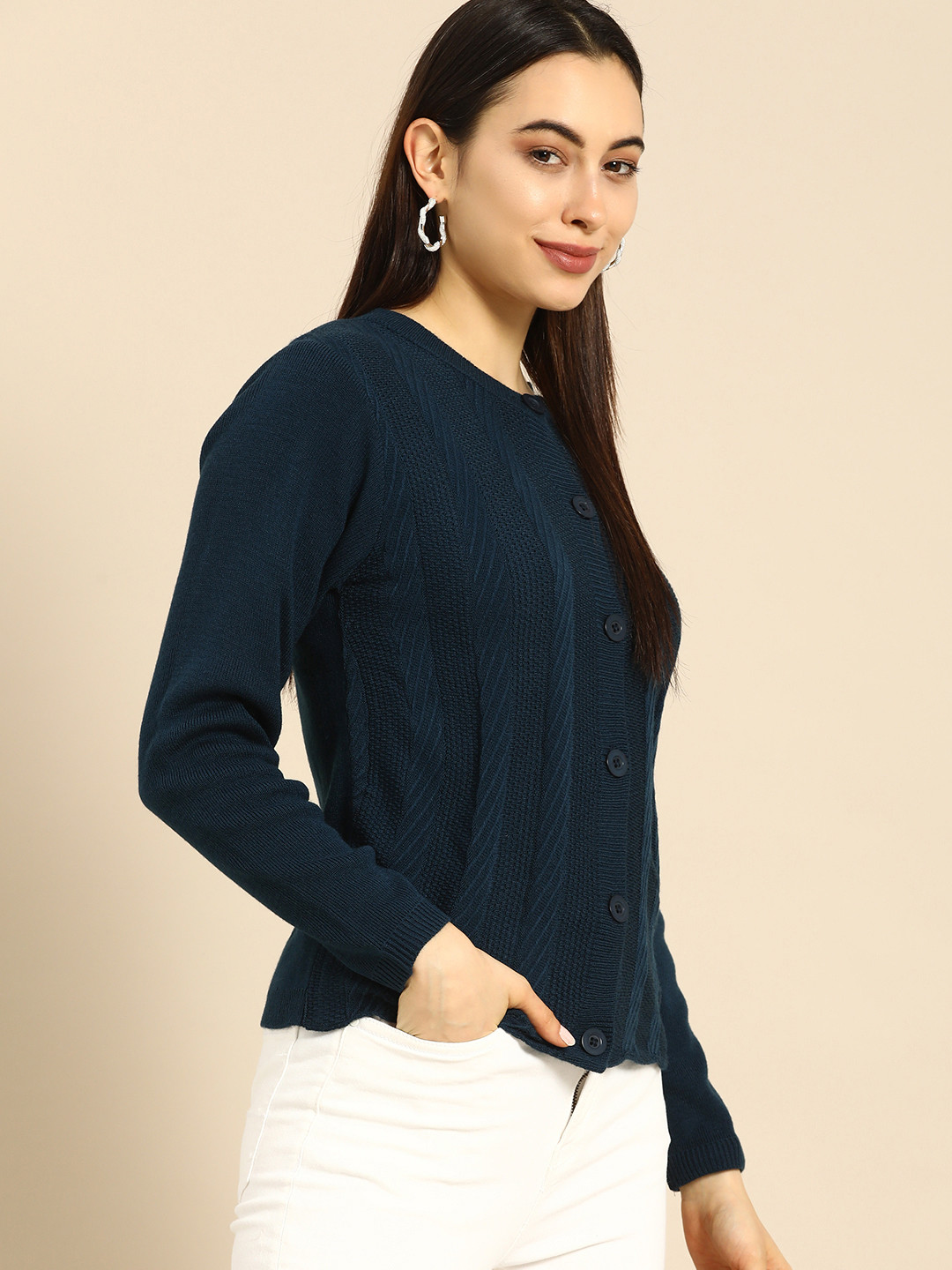 

Anouk Women Teal Self Designed Round Neck Sweater Vest