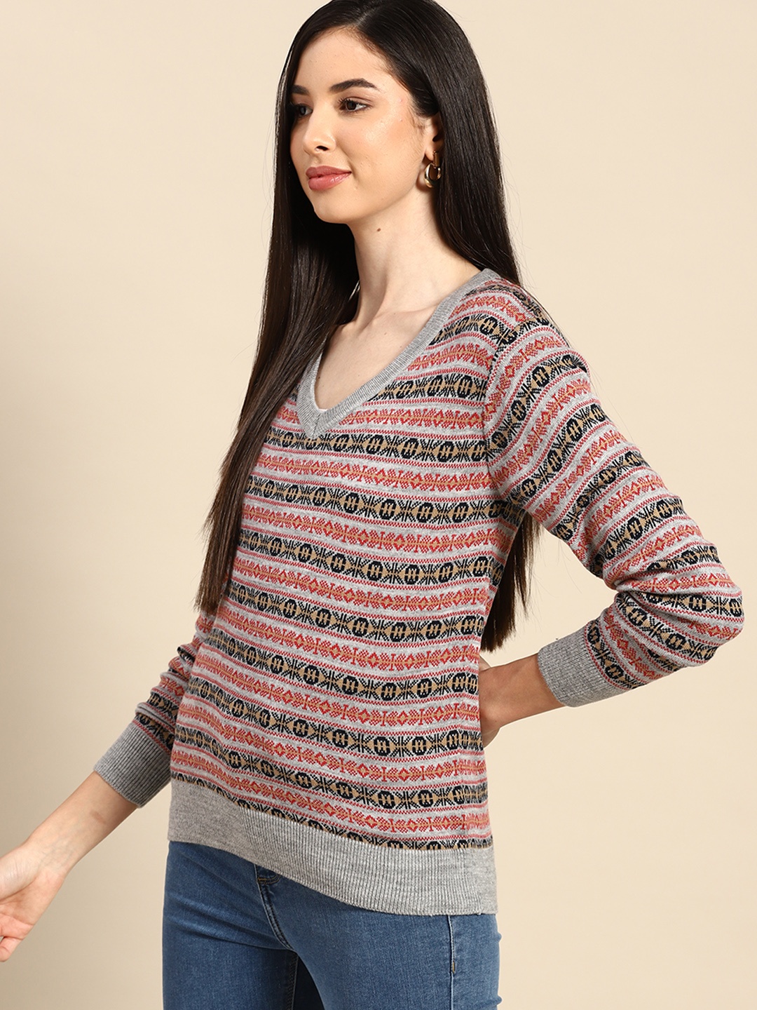 

Anouk Women Grey Melange & Red Self-Design Pullover