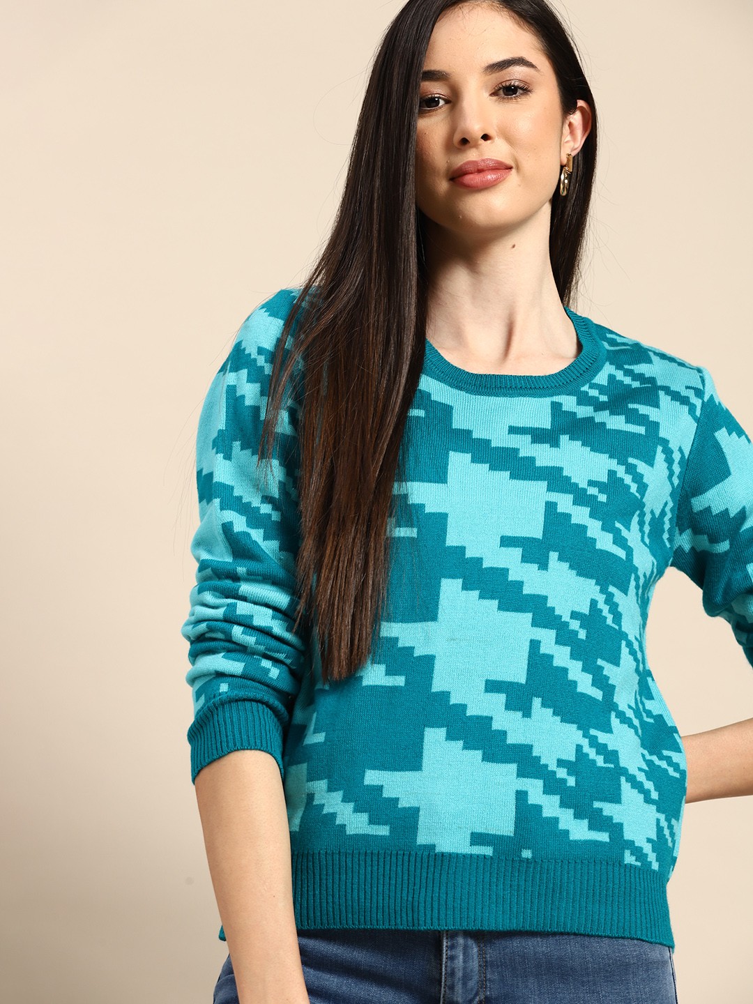 

Anouk Women Teal Green & Blue Self-Design Pullover