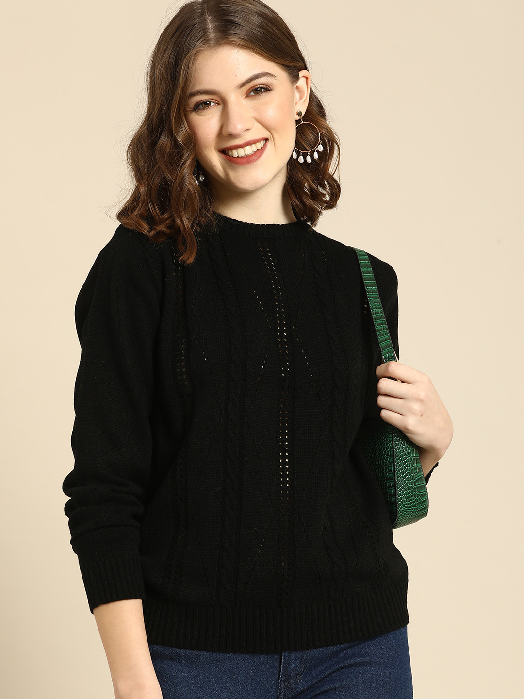 

Anouk Women Black Open Knit Self-Design Acrylic Regular Pullover with Embroidered Detail