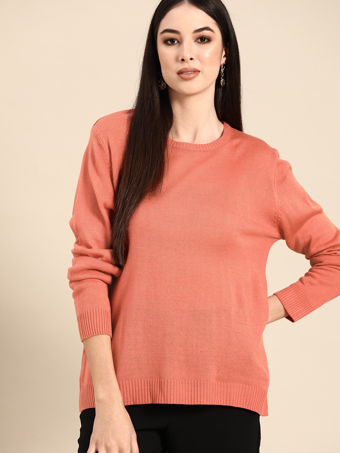 

Anouk Women Peach-Coloured Solid Winter Pullover Sweater