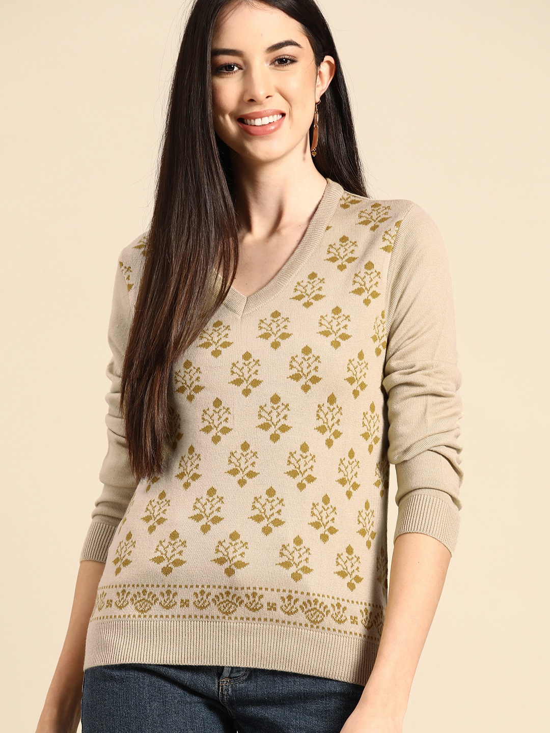 

Anouk Women Beige & Khaki Self Design Pullover