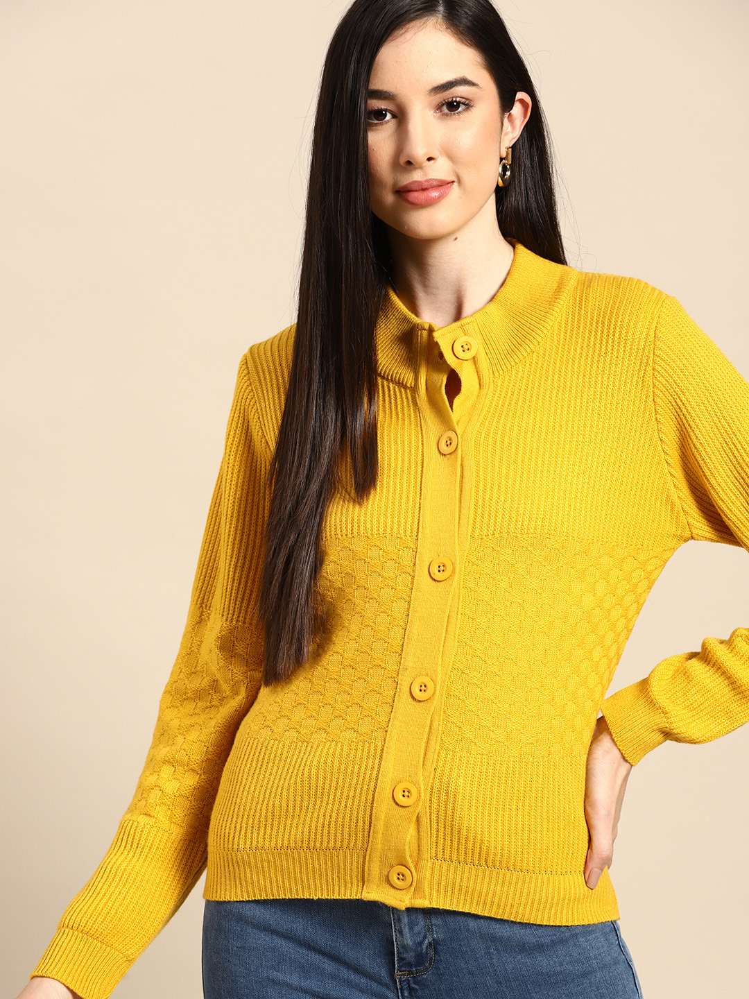 

Anouk Women Yellow Self-Design Cardigan