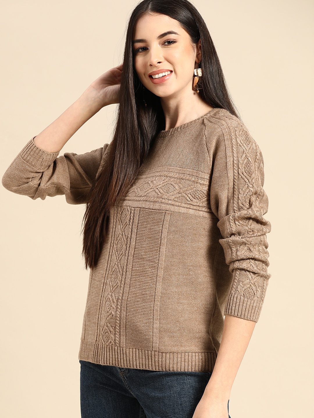 

Anouk Women Beige Cable Knit Pullover