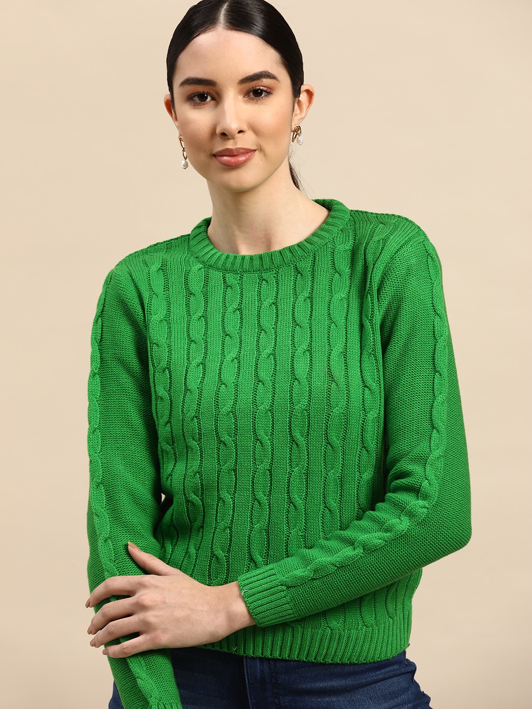 

Anouk Women Green Cable Knit Pullover