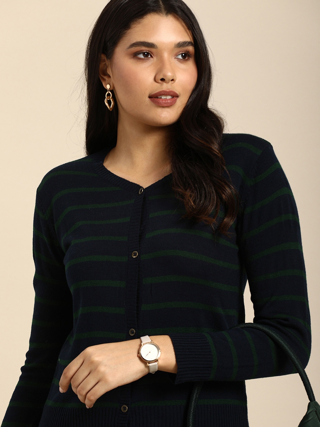 

Anouk Women Navy Blue & Green Striped V Neck Winter Pullover