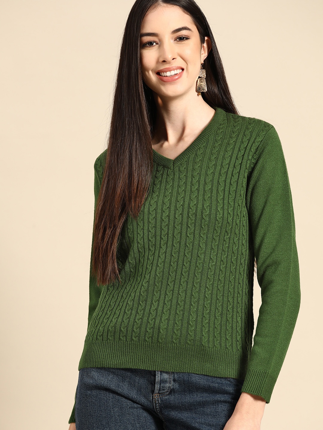 

Anouk Women Olive Green Cable Knit Pullover