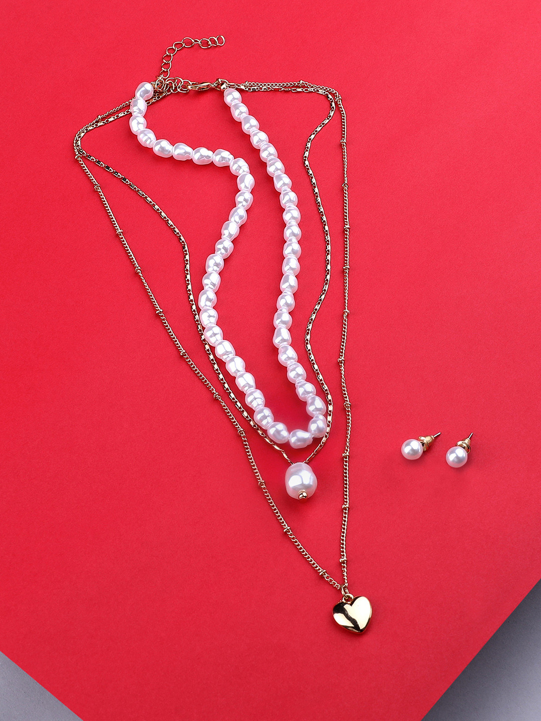 

AMI Gold-Plated & White Pearl-Beaded 3 Layered Jewellery Set & Stud Earring