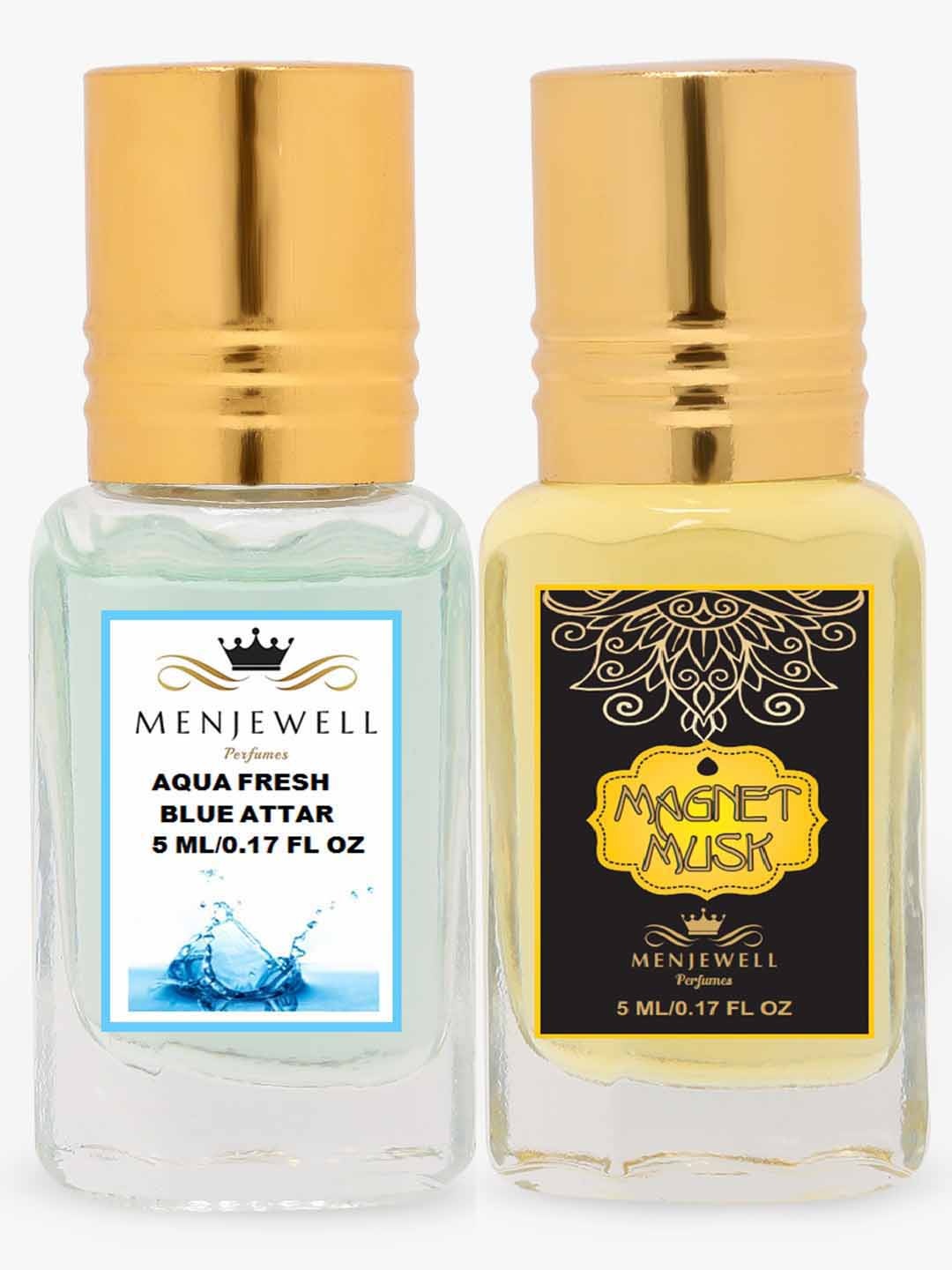 

Menjewell Pack of 2 Attar - Aqua Fresh & Magnet Musk Attar 5 ml Each, Gold
