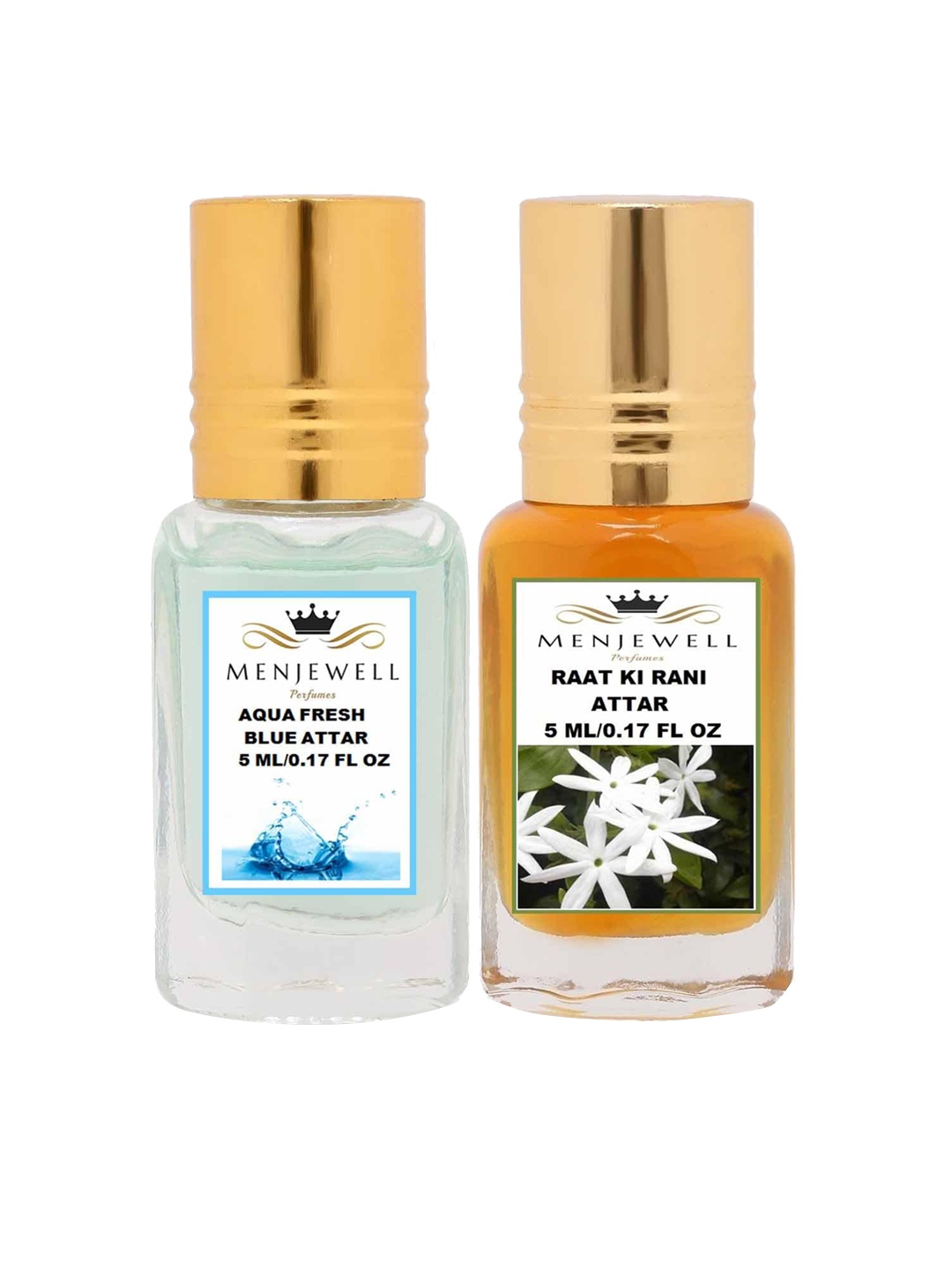 

Menjewell Pack of 2 Attar - Aqua Fresh & Raat Ki Rani Attar 5 ml Each, Gold