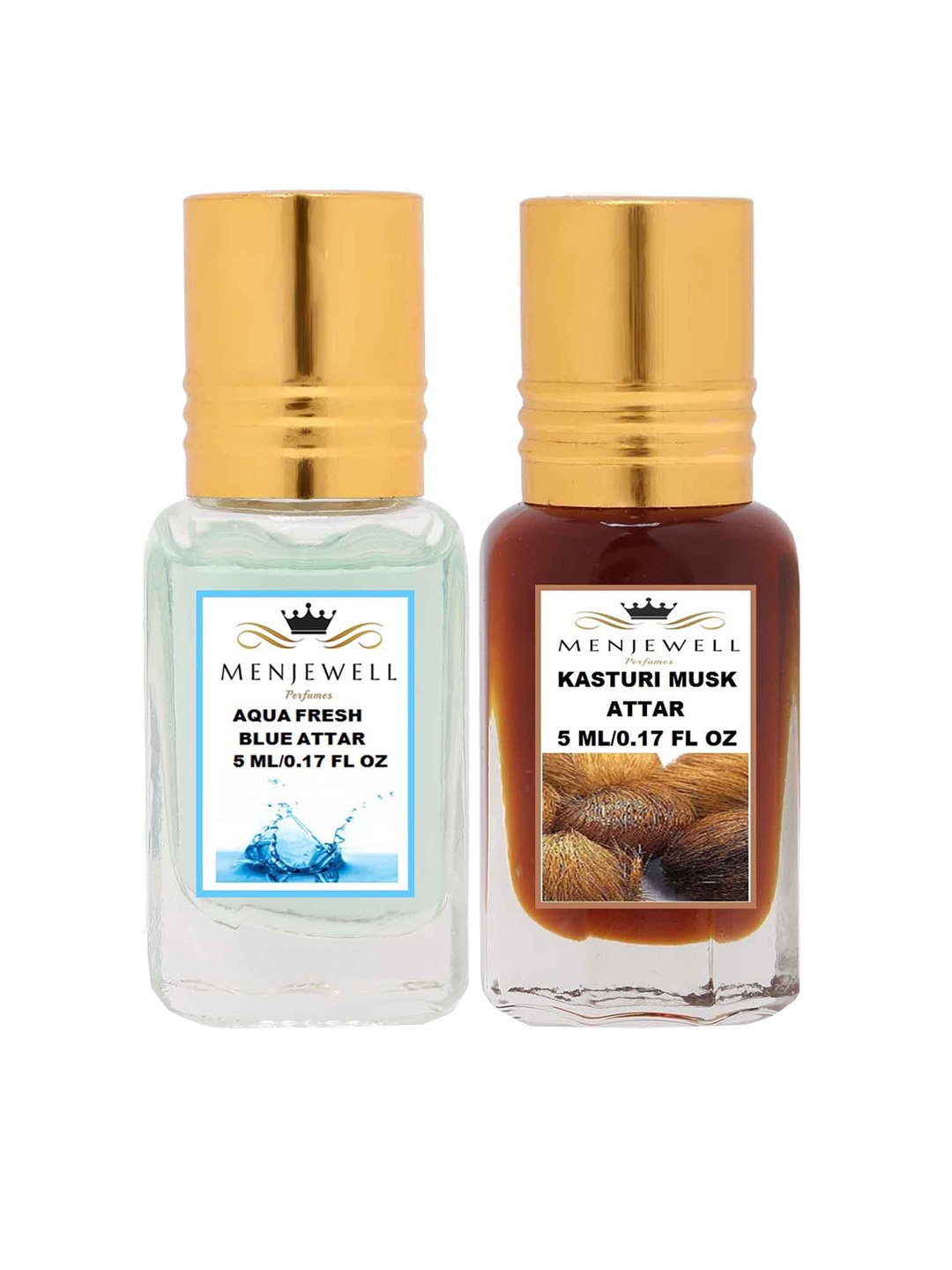 

Menjewell Pack of 2 Attar - Aqua Fresh & Kasturi Musk Attar 5 ml Each, Gold