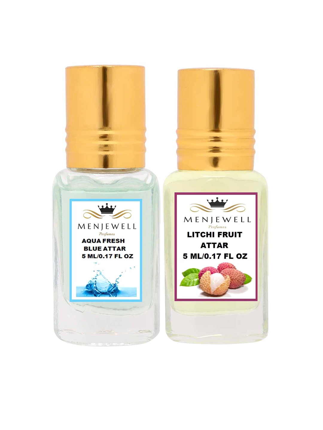 

Menjewell Set of 2 Aqua Fresh & Litchi Fruit Attar, Transparent