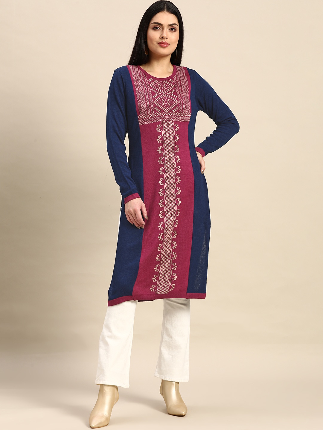 

Anouk Women Navy Blue & Maroon Ethnic Motifs Winter Straight Kurta