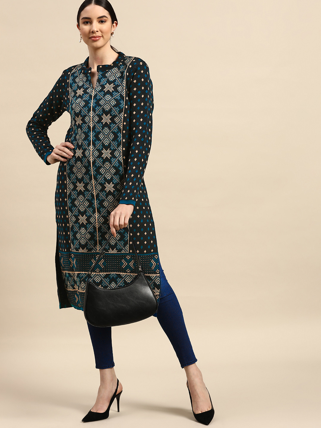 

Anouk Women Navy Blue & Beige Self-Design Winter Kurta