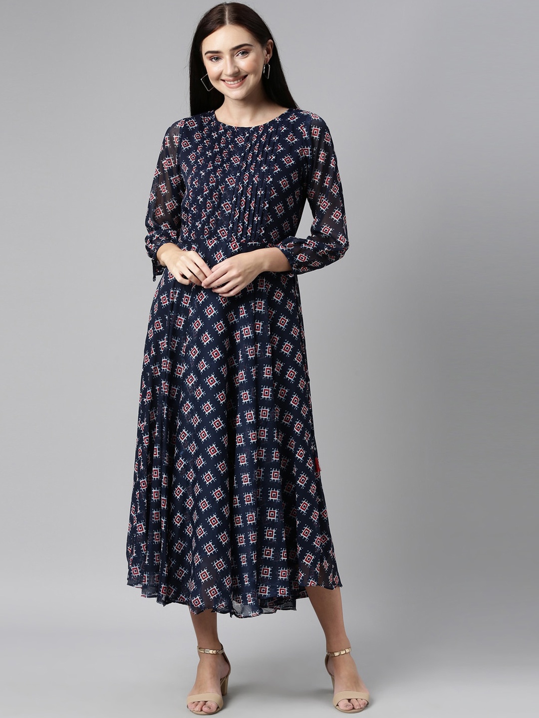 

Souchii Women Blue & Red Ethnic Motifs Printed Chiffon Fit & Flare Midi Dress