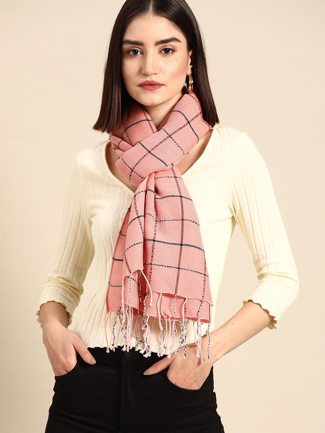 

Anouk Women Pink & Black Checked Scarf