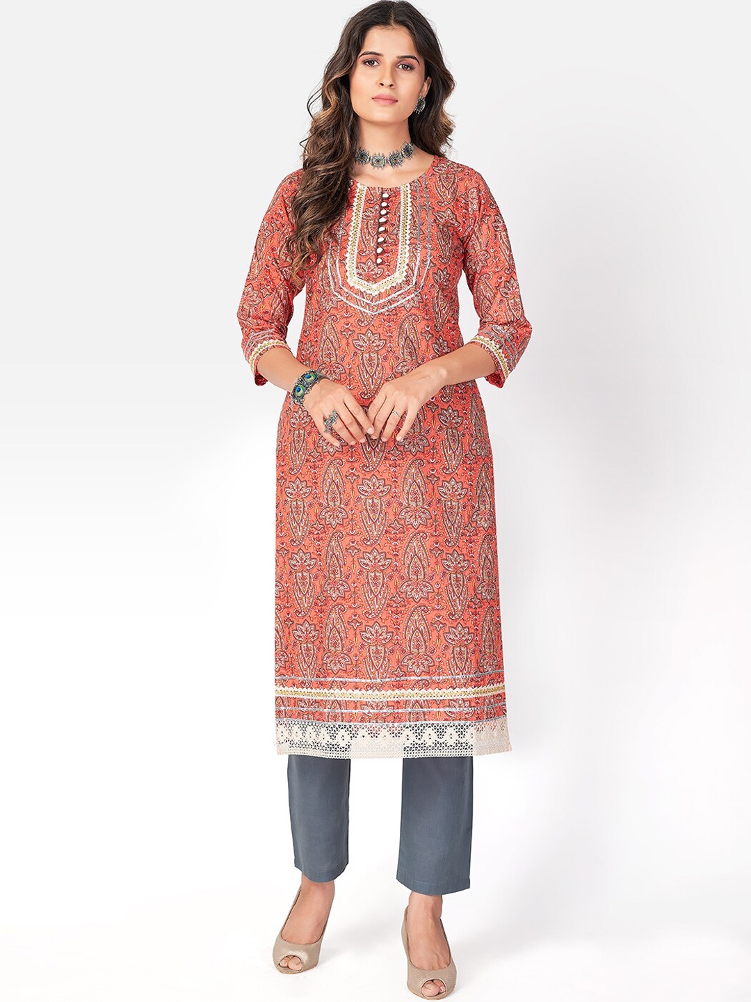 

Vbuyz Women Orange Ethnic Motifs Printed Kurta