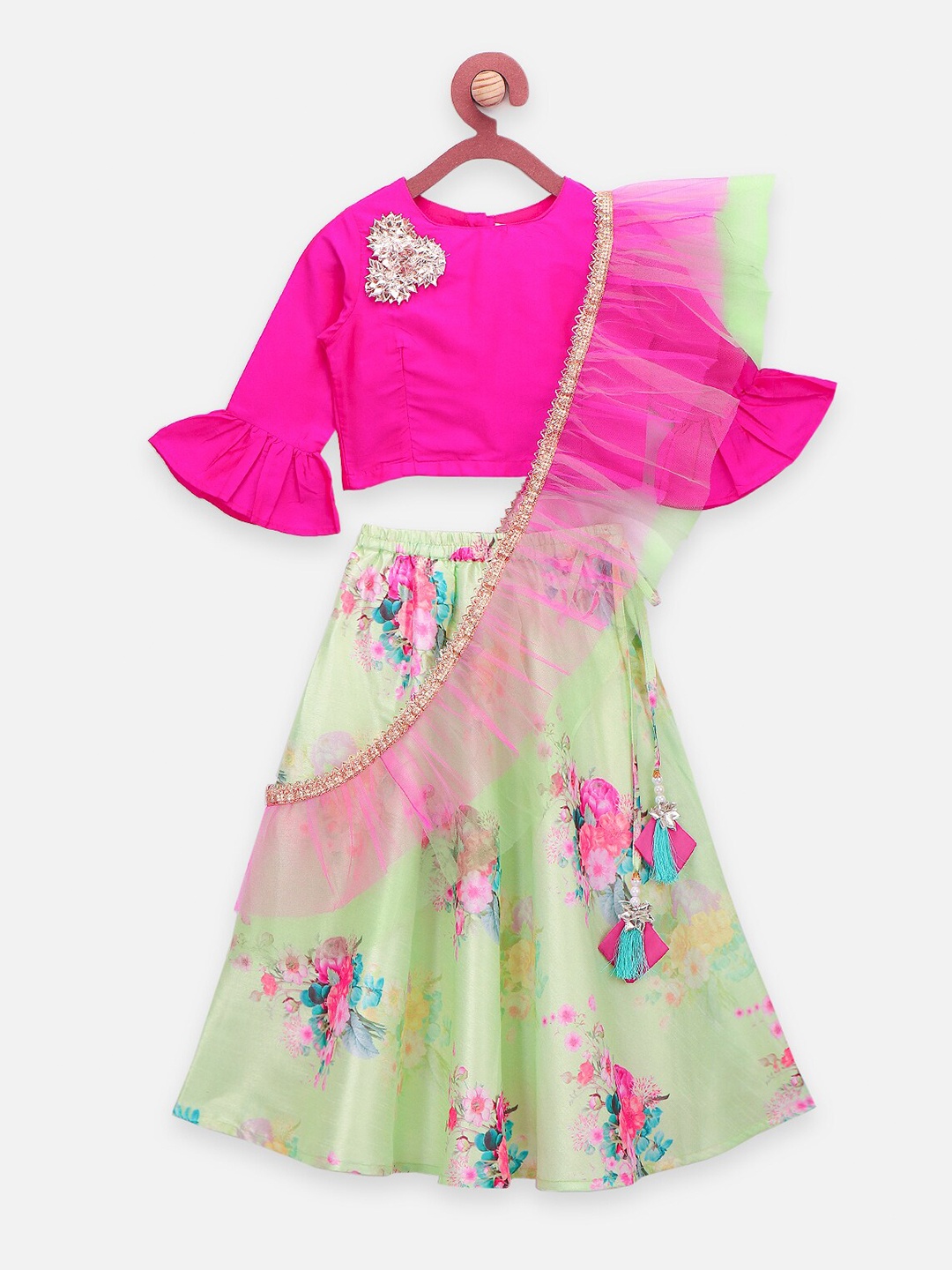 

LilPicks Girls Magenta & Green Ready to Wear Lehenga & Blouse With Dupatta