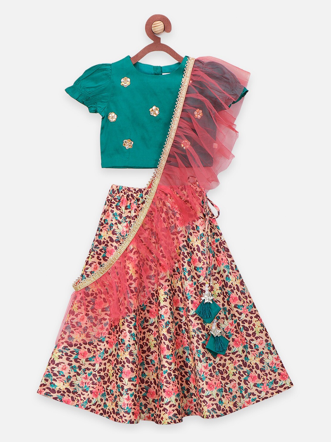 

LilPicks Girls Green & Beige Embellished Ready to Wear Lehenga & Blouse With Dupatta