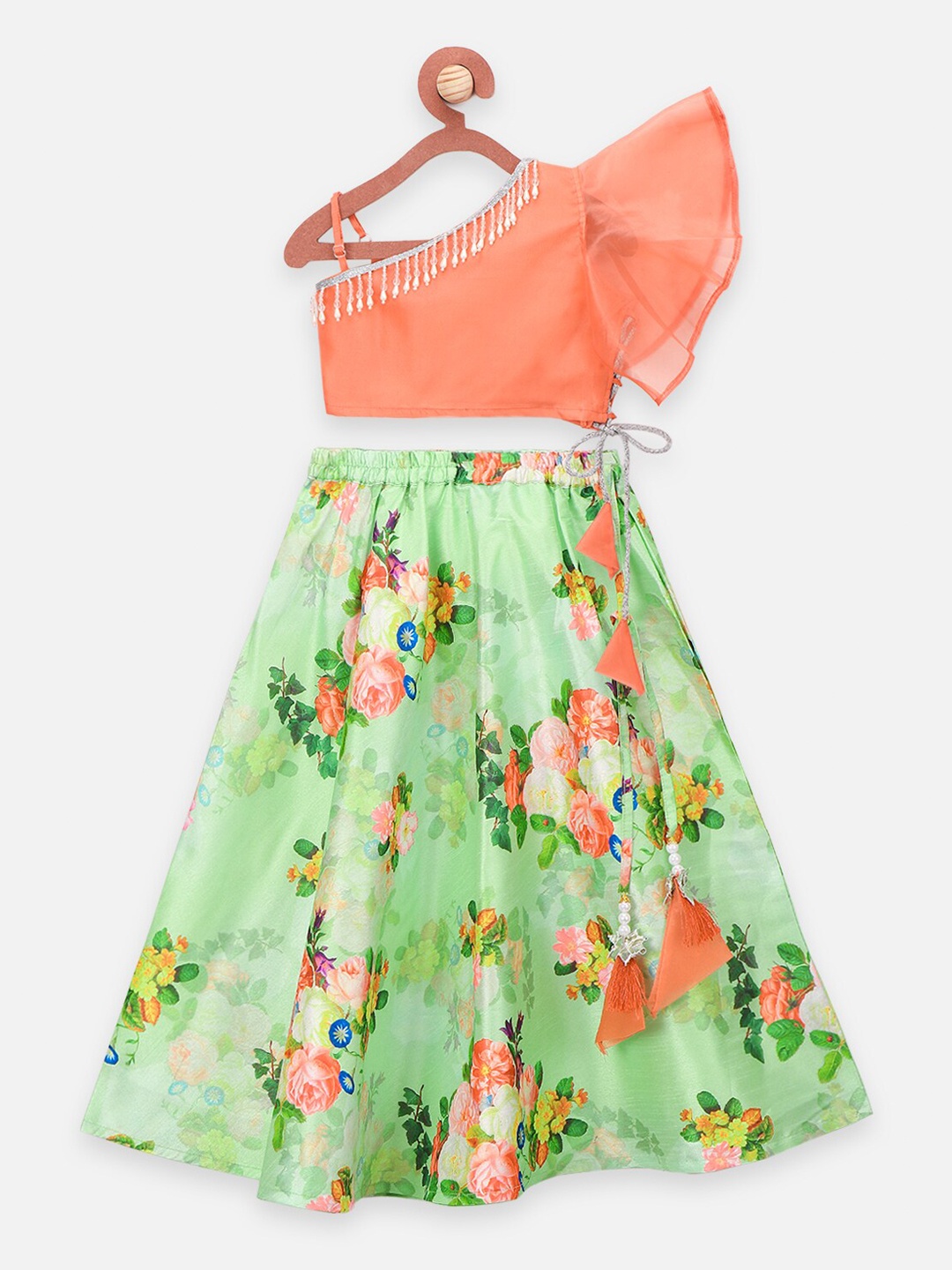 

LilPicks Girls Orange & Green Block Print Ready to Wear Lehenga & Blouse
