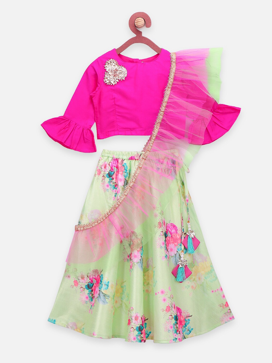 

LilPicks Girls Pink & Green Ready to Wear Lehenga & Blouse With Dupatta