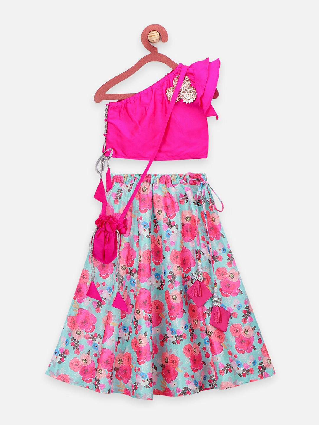 

LilPicks Girls Pink & Turquoise Blue One Shoulder Ready to Wear Lehenga Choli