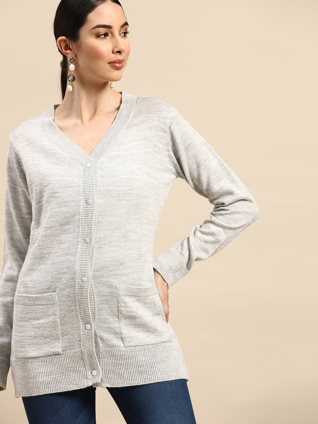 

Anouk Women Grey Melange Cardigan With Shimmer Detail