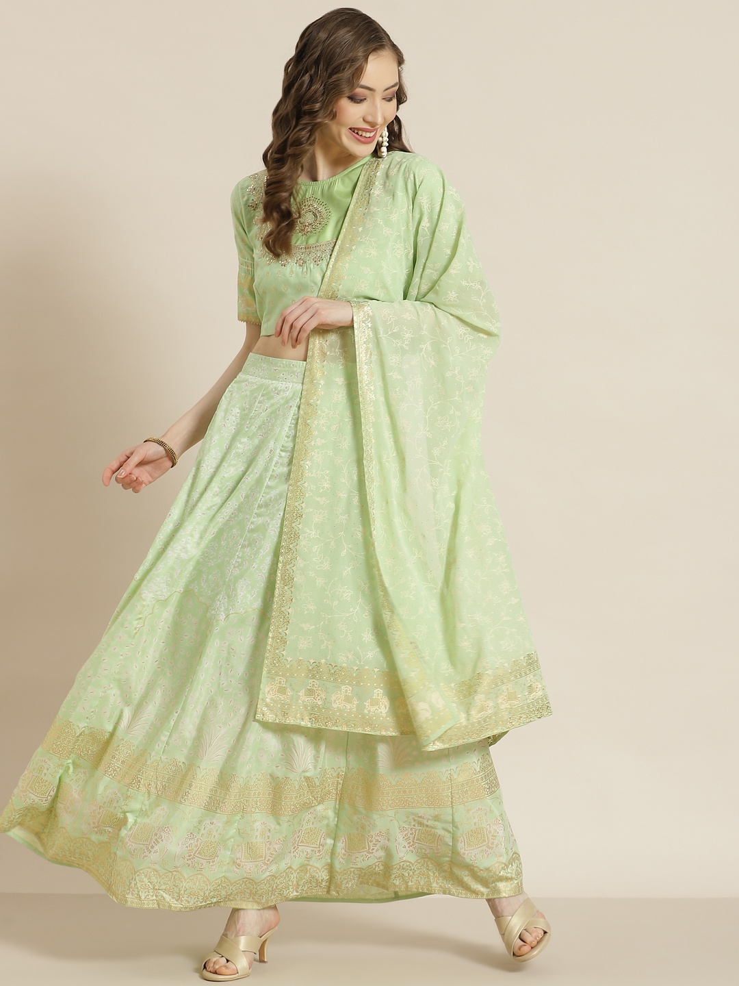 

Juniper Sea Green & Golden Foil Print Ready to Wear Lehenga & Blouse With Dupatta
