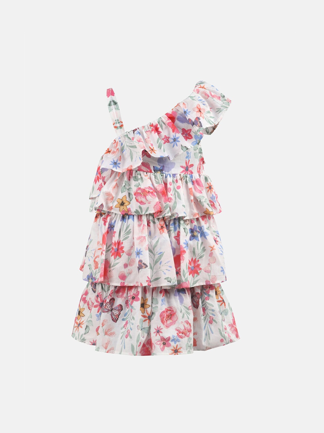 

KIDKLO Girls White & Red Floral One Shoulder Pure Cotton Tiered Dress