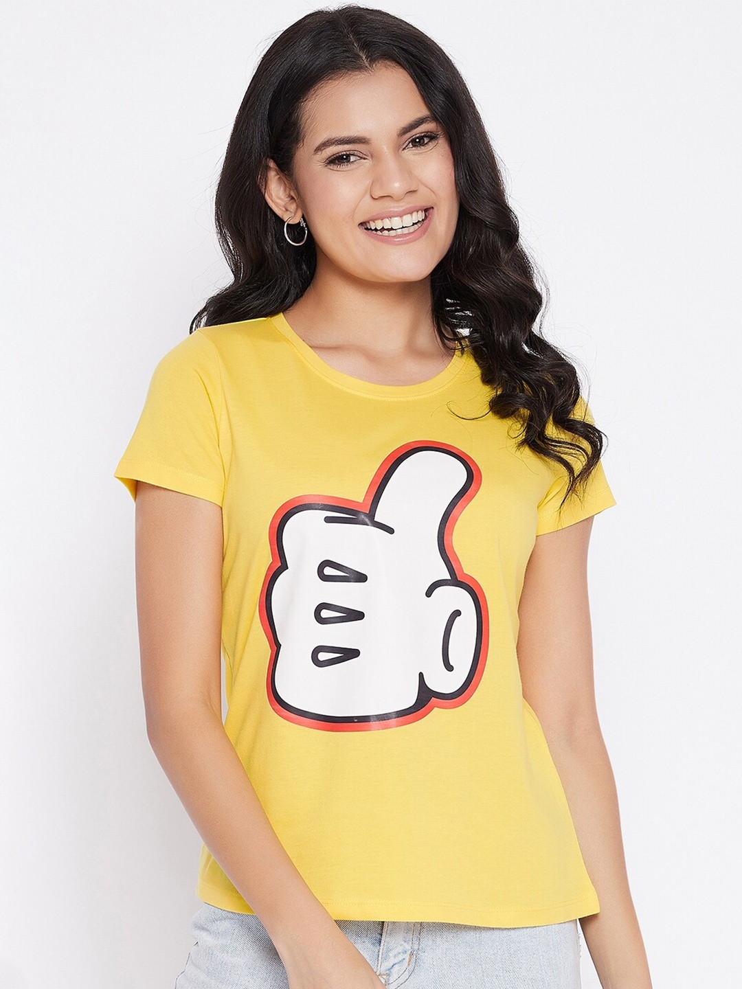 

Disney by Wear Your Mind Women Yellow White Graphic Printed Pure Cotton T-shirt