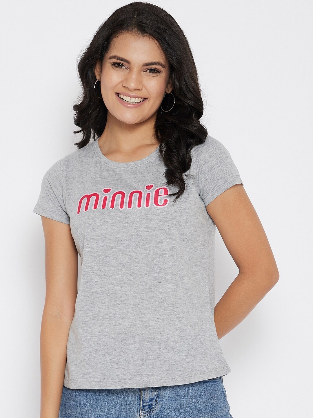 

Disney by Wear Your Mind Women Grey Red Minnie Typography Printed Pure Cotton T-shirt