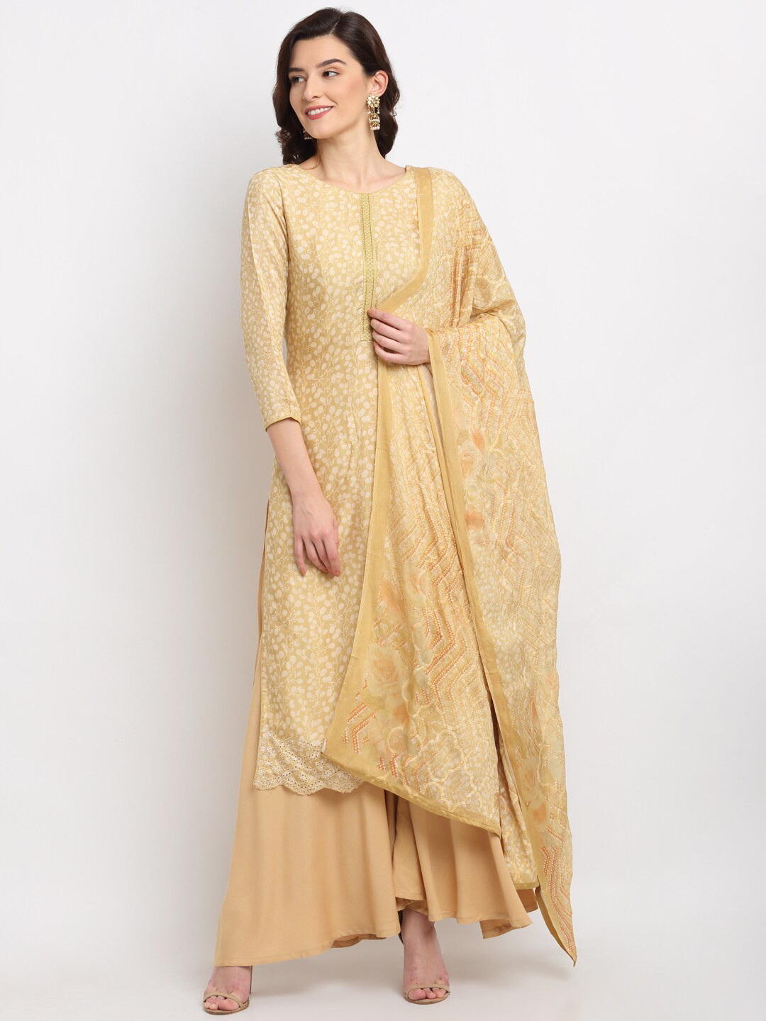 

Stylee LIFESTYLE Yellow Printed Pure Silk Unstitched Dress Material