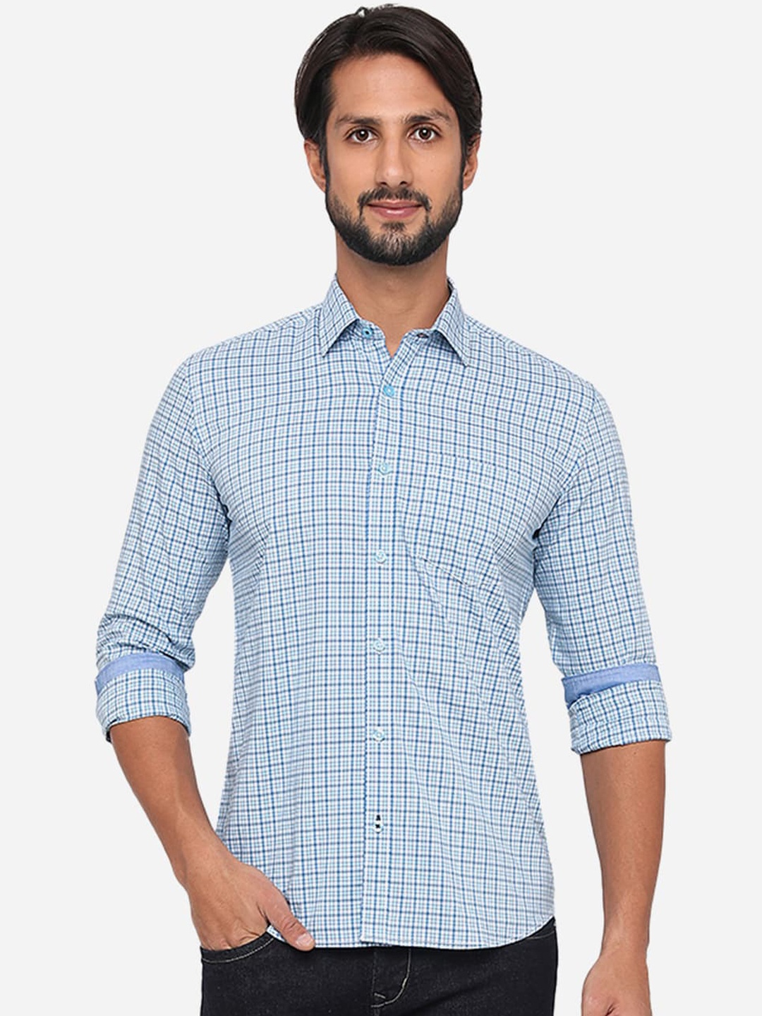 

Greenfibre Men Blue & White Pure Cotton Slim Fit Checked Casual Shirt