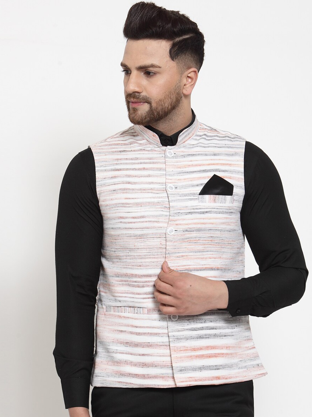 

KLOTTHE Men White & Grey Striped Woven Pure Cotton Nehru Jacket