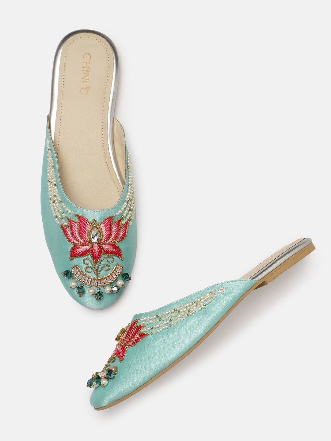 

CHINI C Women Sea Green & Red Embellished Mules