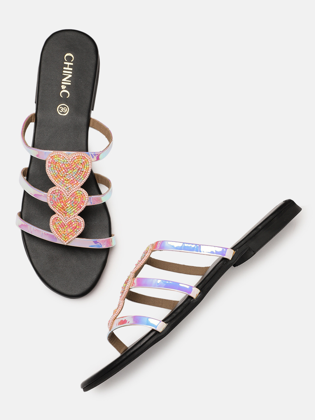 

CHINI C Women Pink & Yellow Iridescent Effect Embellished Open Toe Flats
