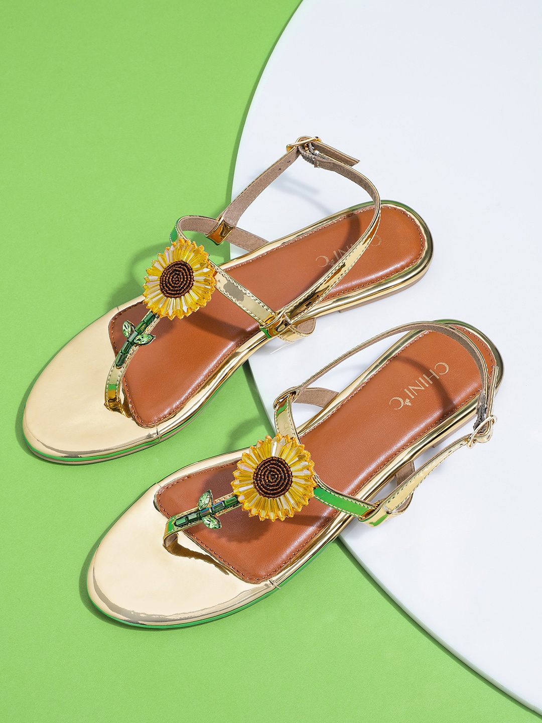 

CHINI C Women Gold-Toned & Yellow Sunflower Shape Embellished Open Toe Flats