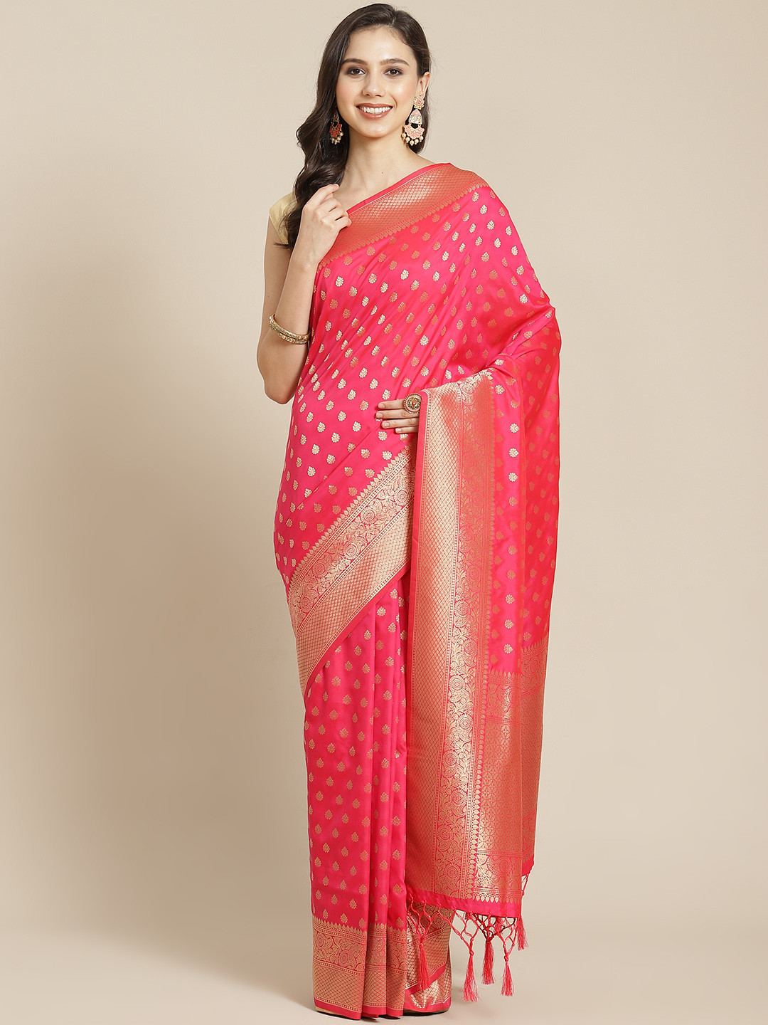 

Mitera Pink & Golden Banarasi Silk Ethnic Motifs Zari Woven Design Saree