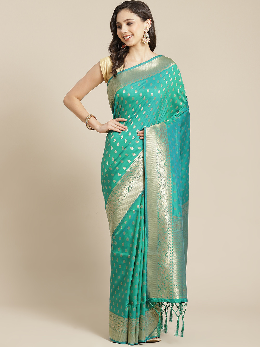 

Mitera Women Sea Green & Golden Ethnic Motifs Zari Saree