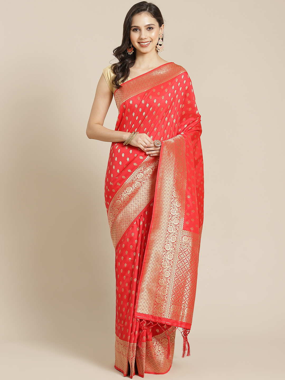 

Mitera Women Red & Golden Woven Design Zari Saree