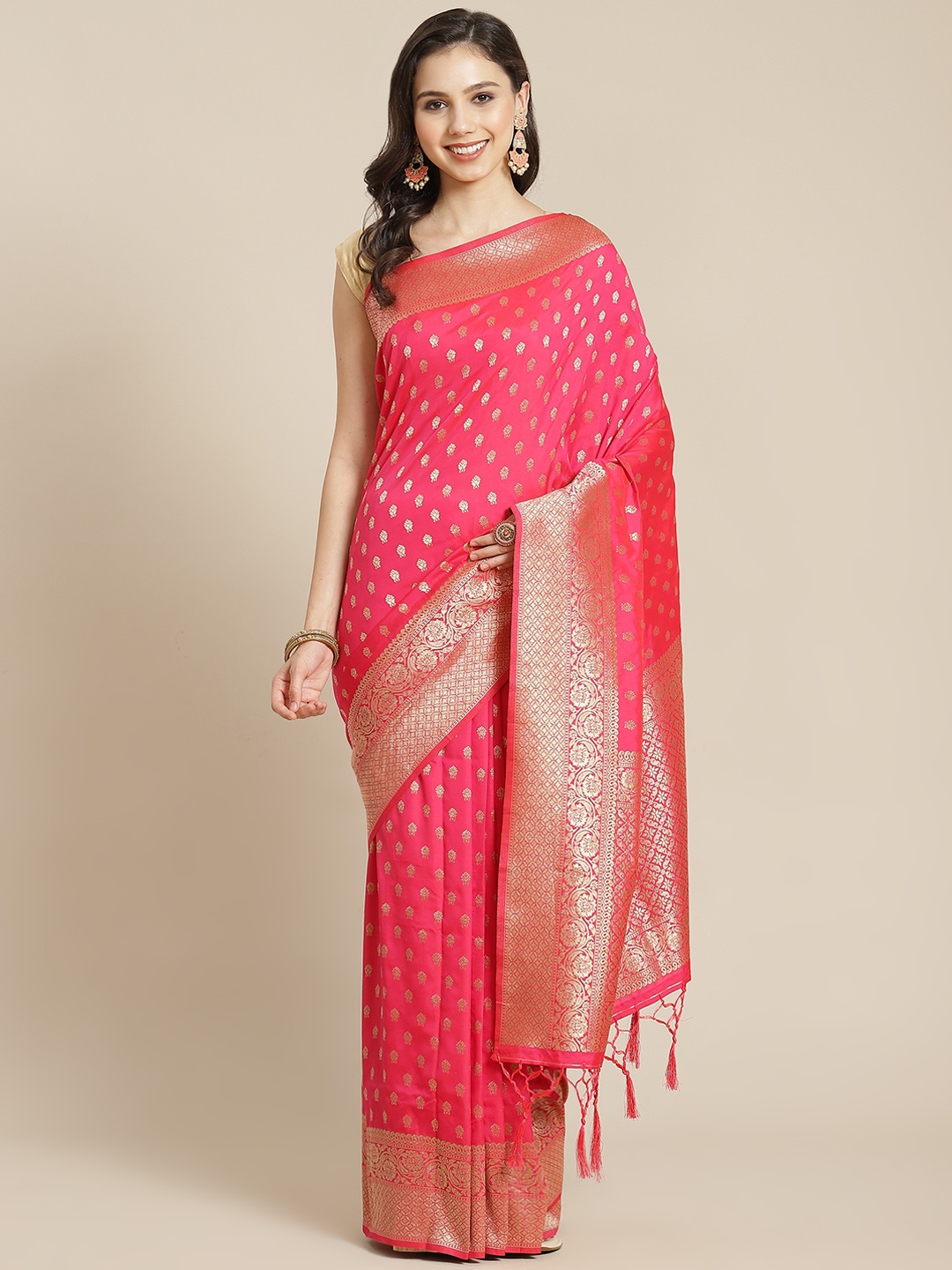 

Mitera Women Pink & Golden Woven Design Zari Saree