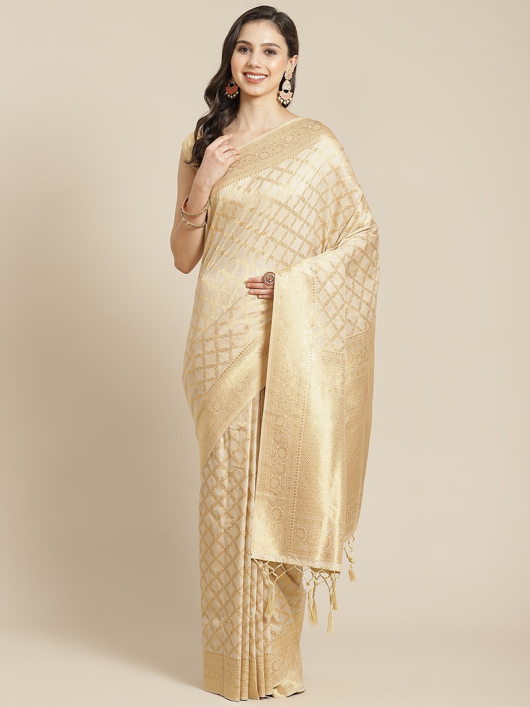 

Mitera Women Beige & Golden Woven Design Zari Saree