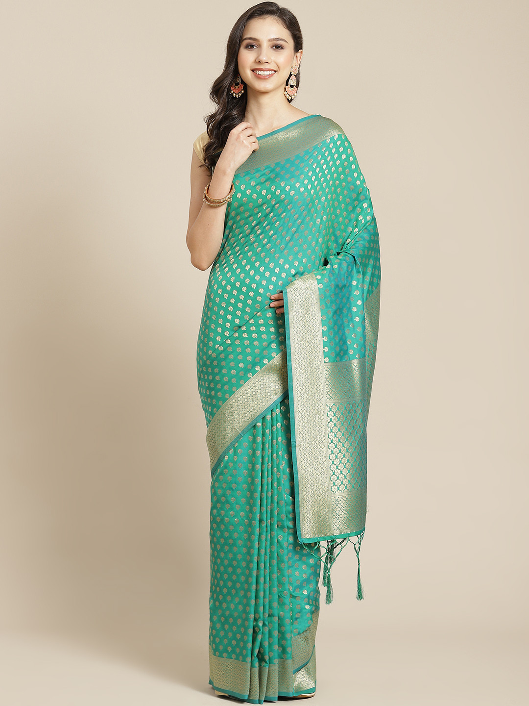 

Mitera Green & Golden Woven Design Zari Banarasi Saree