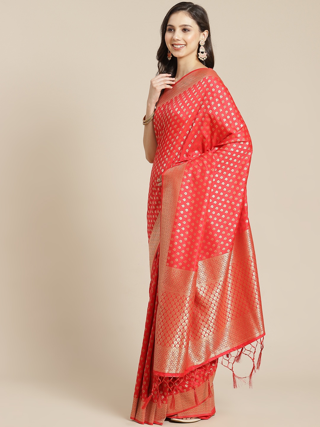 

Mitera Coral Red & Golden Woven Design Zari Banarasi Saree