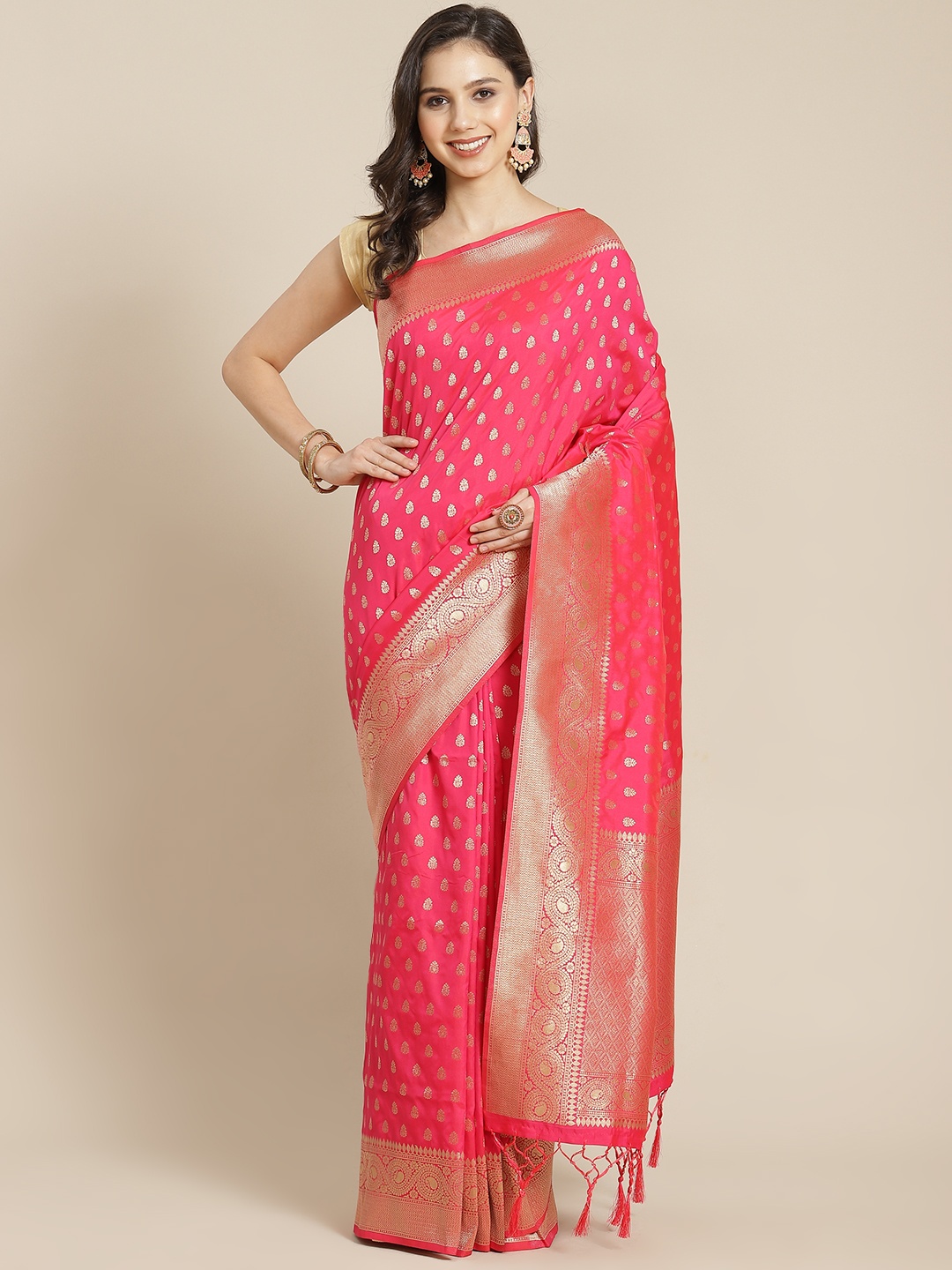 

Mitera Pink & Golden Woven Design Zari Banarasi Saree