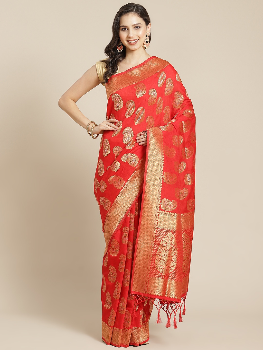 

Mitera Red & Golden Paisley Woven Design Zari Banarasi Saree