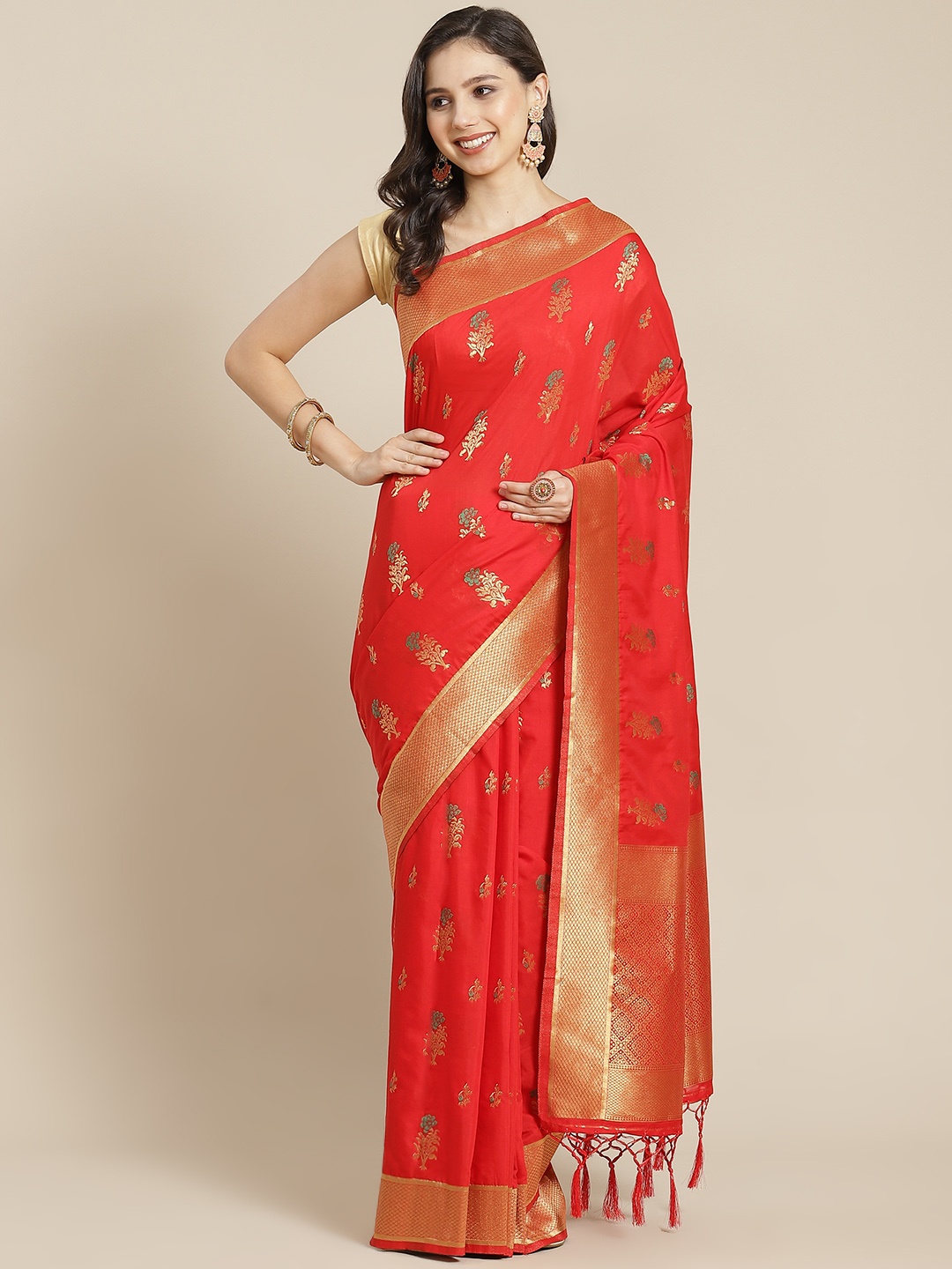 

Mitera Red & Golden Woven Design Zari Banarasi Saree