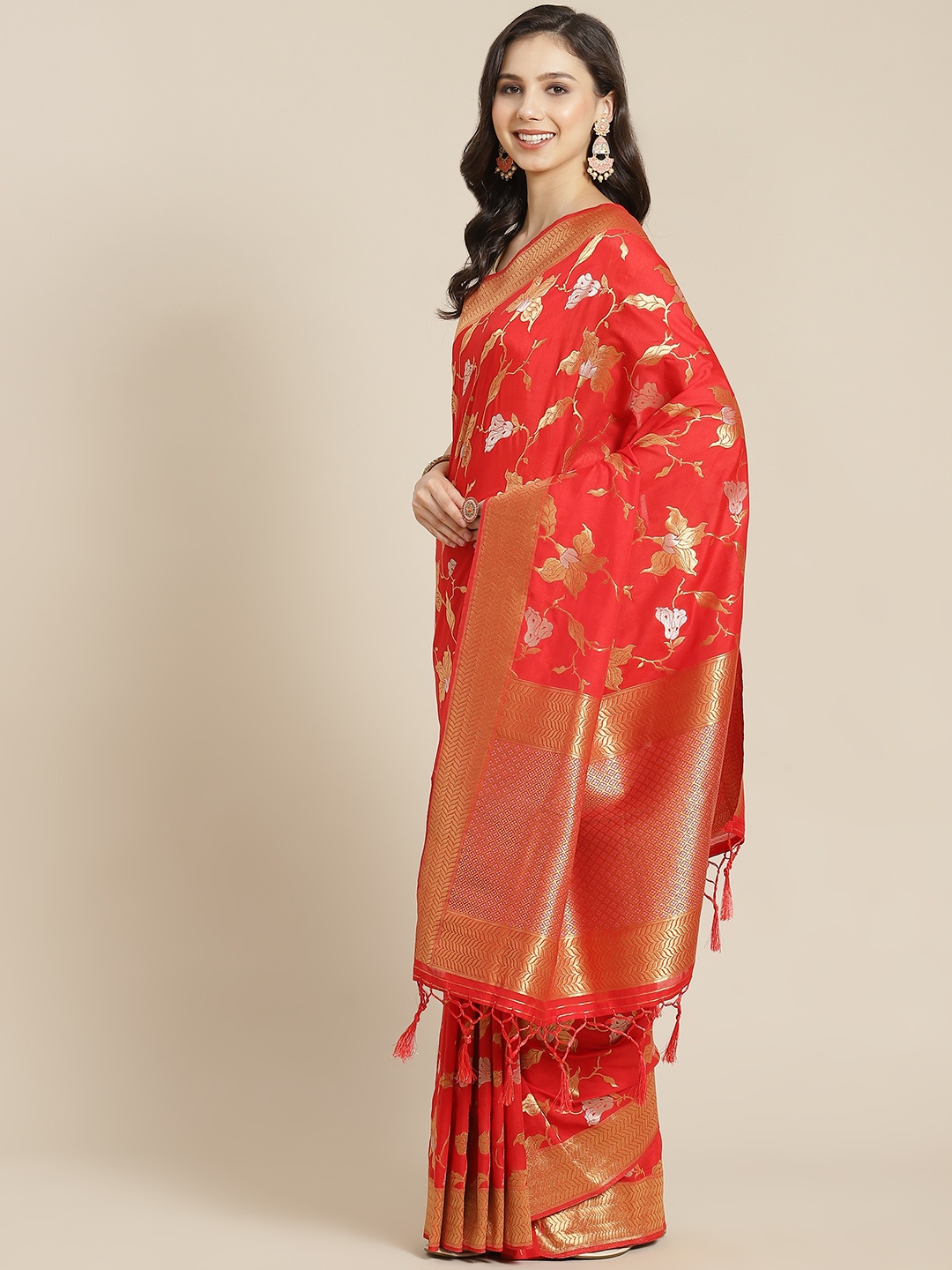 

Mitera Red & Golden Woven Design Zari Banarasi Saree