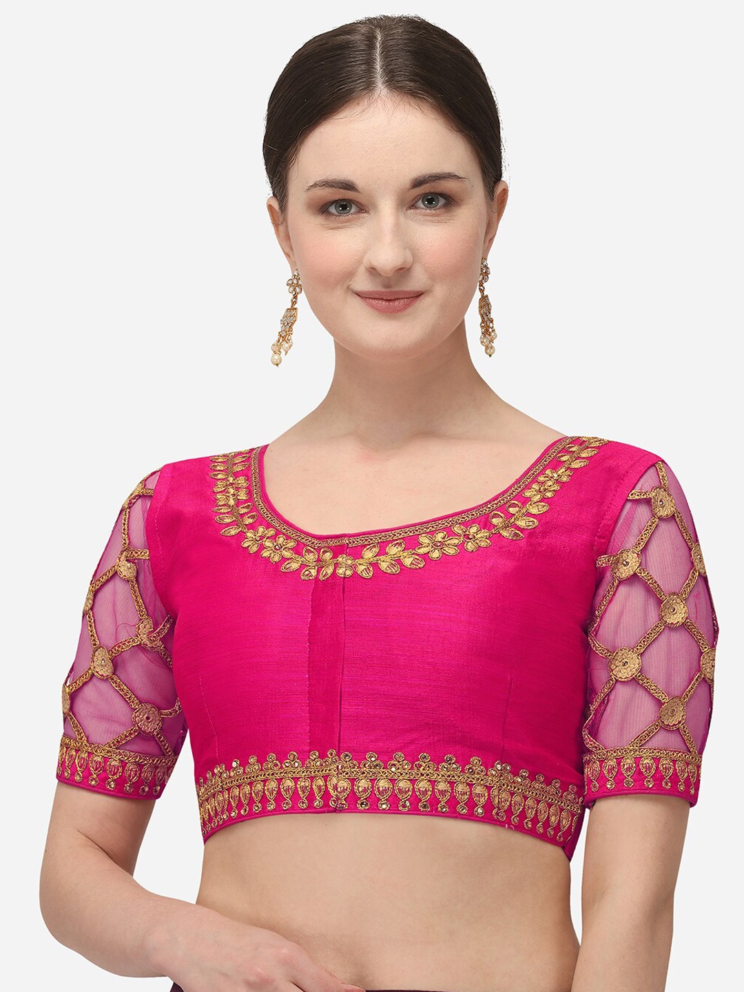

Amrutam Fab Women Pink Embroidered Raw Silk Saree Blouse